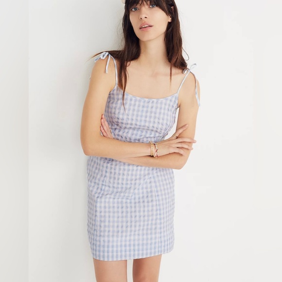 Madewell Tie-Strap Baby Doll Blue & White Sheer Gingham Mini Dress - Picture 12 of 12